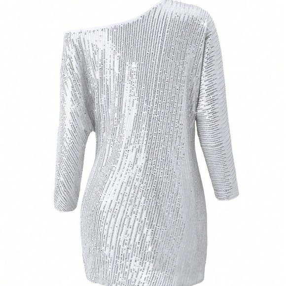 Silver Preppy Womens Asymmetrical Neckline Sparkly Dress - Picture 2 of 4